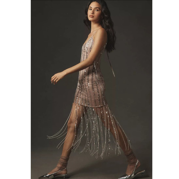 New Anthropologie Maeve Scoop-Neck Beaded Fringe Midi Dress $268 SIZE 14P Mauve - Picture 5 of 10